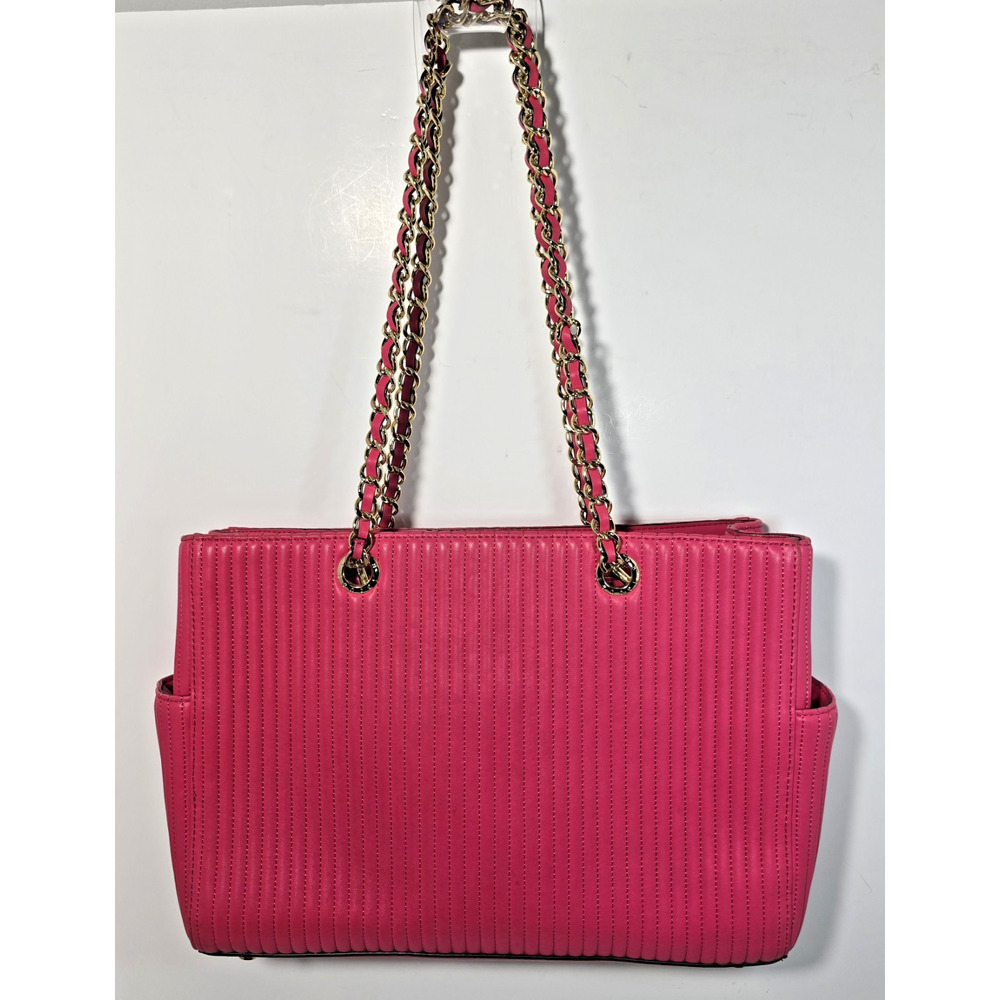 Henri Bendel No 7 Hot Pink Leather Tote Bag Quilted Vertical Chain East West - Picture 4 of 16